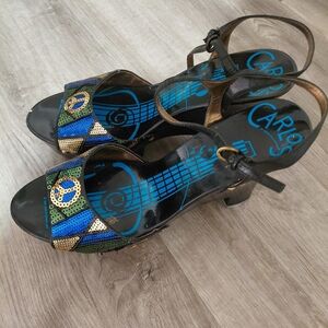 Carlos by Carlos Santana Black and Gold Strappy Heels